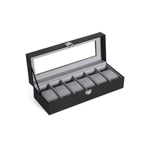 Rootz Watch Box - With Glass Lid And Lock - Glass-top Watch Organizer - Display Case For 6 Watches - MDF - Velvet - PU - Glass - Black-Gray - 30 x 11.2 x 8 cm (L x W x H)