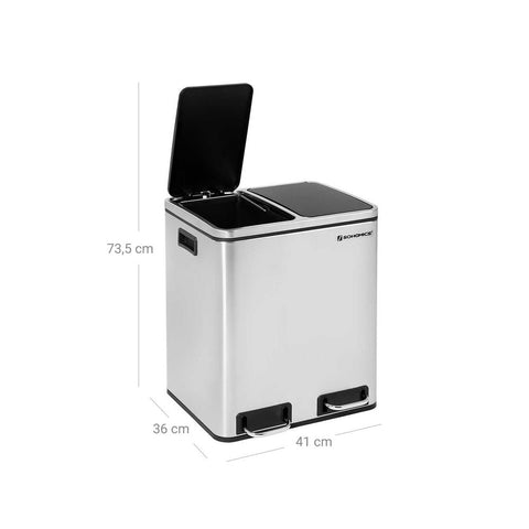 Rootz Trash Can - Soft Close Function - Ideal Waste Container - Bathroom Trash - Perfect Design - High-quality - Inner Bucket - 30 liters - Stainless Steel - Silver - 39.5 x 48 x 30.5 cm