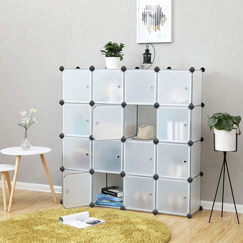 Rootz Shelf System With 16 Cubes - Wardrobe With Plug-in Shelves - Cube Storage Organizer - Multi-tier Cube Shelf - Cube Wall Organizer - White - 153 x 133 x 31 cm (W x H x D)