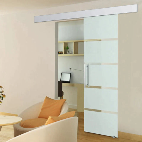 Rootz Glass Sliding Door - Sliding Door - Room Door - Home & Office - Handlebar Sanitized On One Side With Stripes 2050x 775 Mm