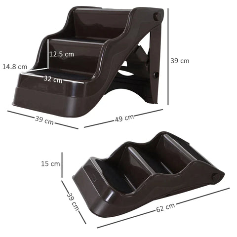 Rootz Dog Stairs - Cat Stairs - Pet Stairs - 3 Steps Foldable - 3 Steps Ramp - Dark Brown - 39x49x39cm