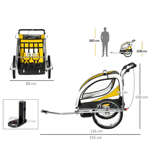 Rootz Child Trailer - Children's Bicycle Trailer - Bicycle Trailer - For 2 Children - With Flag Rain Protection Breathable - Yellow/Black - 155 x 88 x 108 cm