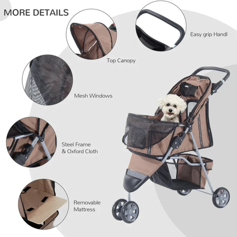 Rootz Dog Cart - Dog Buggy - Dog Trolley -  Trolley Pet - Pet Travel Stroller - Puppy Jogger Carrier - Coffee Brown - 75x45x97 cm
