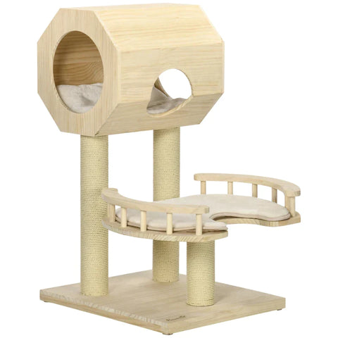 Rootz Scratching Post - Cat House - Three Scratching Posts - Cat Tree - With Lounger - Washable Lounger Cushions - Pine Wood - Natural Wood - 59.5 x 59.5 x 92cm