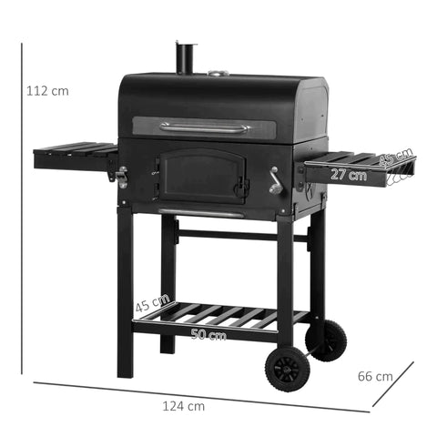 Rootz BBQ Grill - Charcoal Grill BBQ Trolley - Garden Grill - With Adjustable Charcoal Height - Metal/Enameled Cast Iron - Black - 124 x 66 x 112 cm