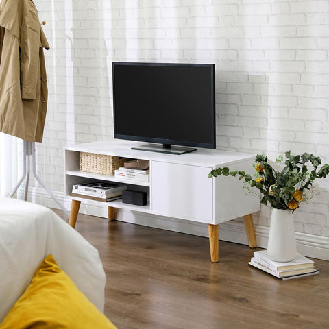 Rootz TV Stand - TV Lowboard For Flat Screens - Media Console - TV Cabinet - Television Stand - Wall-mounted - Open-shelf TV Stand - Chipboard - Rubber Wood - White-natural - 110 x 40 x 49.5 cm (L x W x H)