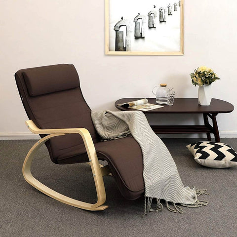 Rootz Rocking Chair - Birch Wood Rocking Chair - Rocking Chair With Adjustable Footrest - Garden Rocking Chair - Balcony - Foam Padding - Cotton Cover - Brown - 67 x 125 x 91 cm (L x W x H)