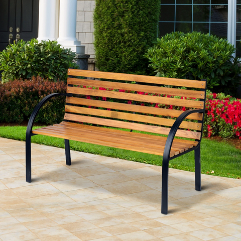 Rootz Garden Bench - Bench - Wooden Bench - 2-Seater - Park Bench - Steel - Black - Brown - Natural - 122 x 60 x 80 cm