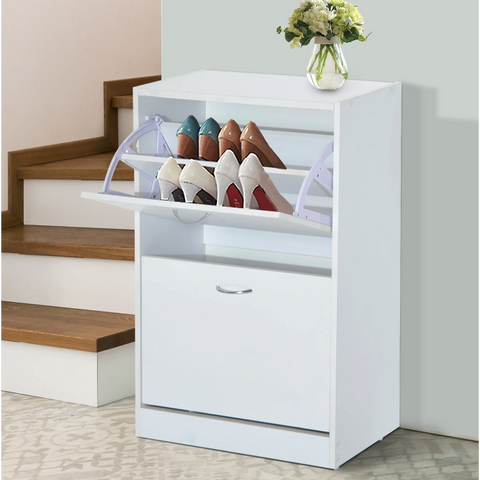 Rootz Shoe Cabinet - Shoe Organizer - Shoe Organizer - 2 Flaps - 10-12 Pairs of Shoes - Clamping Plates - White - Crafted Wood - 60 x 24 x 80 cm