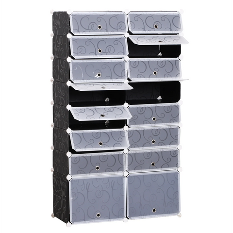 Rootz Shoe cabinet - Shoe rack - Organizer - Wardrobe - Compartment cabinet - 16 Cubes - PP - Black - White - 95 x3 7 x 160 cm