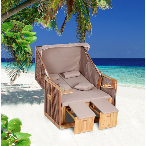 Rootz Beach chair - Lounge chair - Lounger - Cup holders - Footrest - Canopy - Adjustable Backrest - Rattan - Brown - Metal - Wood - 118 x 79 x 150 cm