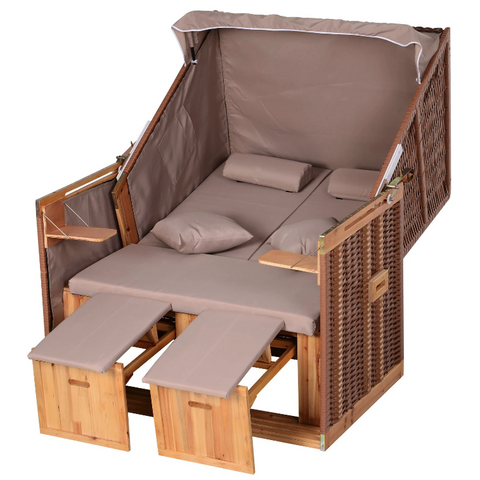 Rootz Beach chair - Lounge chair - Lounger - Cup holders - Footrest - Canopy - Adjustable Backrest - Rattan - Brown - Metal - Wood - 118 x 79 x 150 cm