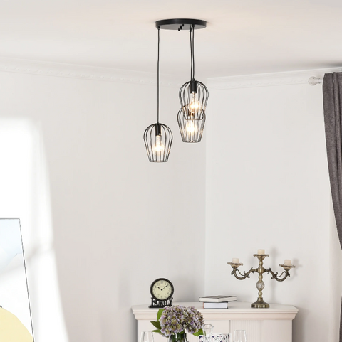 Rootz Hanging Lamp - Ceiling Lamp - Cage Design - Three Lamps - Chandelier - Modern - Black - Metal - 38 x 38 x 145 cm