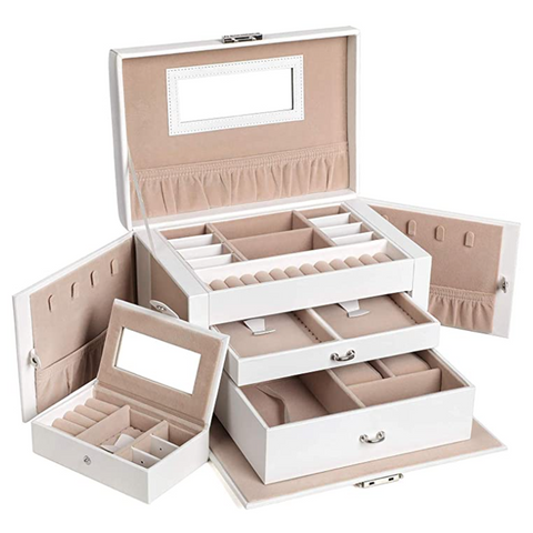 Rootz Jewelry Box - Jewelry Box - 2 Drawers - Lockable - Mirror - Rings - Bracelets - Earrings - White - Pink - 26 x 18 x 17 cm