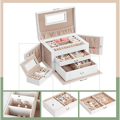 Rootz Jewelry Box - Jewelry Box - 2 Drawers - Lockable - Mirror - Rings - Bracelets - Earrings - White - Pink - 26 x 18 x 17 cm