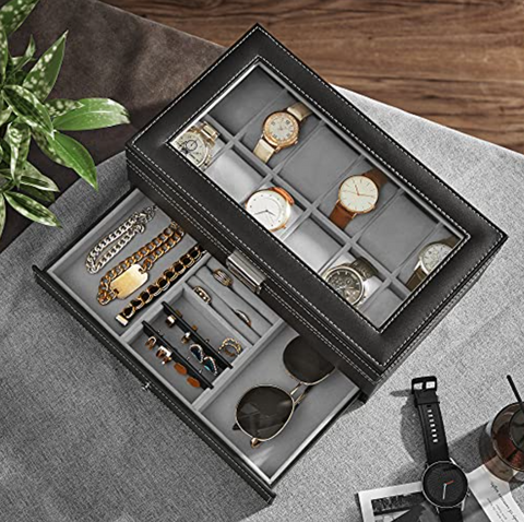 Rootz Watchbox - Watch Organizer - 2 Levels - 12 Compartments - 1 Drawer - Glass Lid - Black - Faux Leather - 32.5 x 19.5 x 11.5 cm