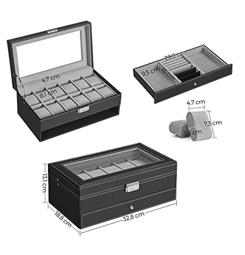 Rootz Watchbox - Watch Organizer - 2 Levels - 12 Compartments - 1 Drawer - Glass Lid - Black - Faux Leather - 32.5 x 19.5 x 11.5 cm