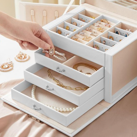 Rootz Jewelry Box - Jewelry Box - Jewelry Storage - 4 Levels - 3 Drawers - White - Velvet - 22.5 x 17.5 x 16.5 cm