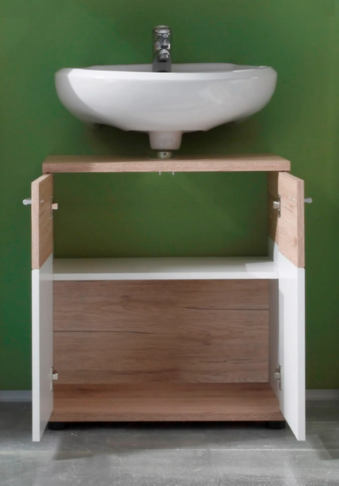 Rootz Bathroom Cabinet - Washbasin Cabinet - White and Brown - 60 x 65 x 35 cm