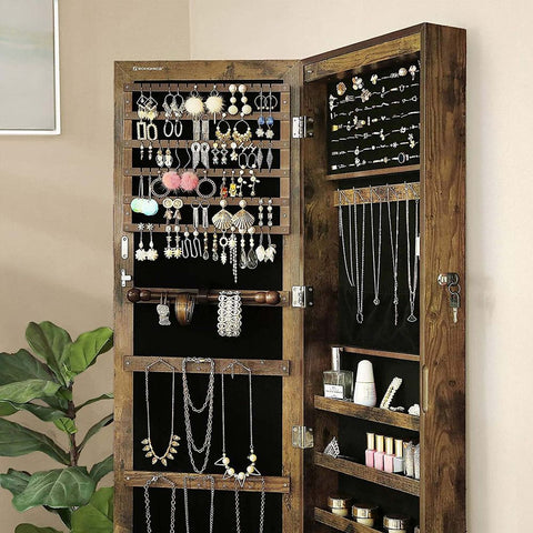 Rootz Jewelry Cabinet - Jewelry Storage - Jewelry Organizer - Jewelry Armoire - Jewelry Box - Wall-mounted Jewelry Cabinet - Jewelry Cabinet With Hooks - Dark Brown - 37 x 10 x 120 cm (L x W x H)