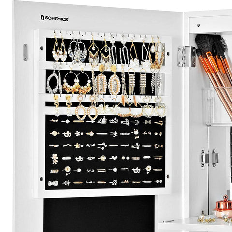 Rootz Jewelry Cabinet - Jewelry Cabinet With Frameless Mirror Door - Multi-compartment Jewelry - Stylish Jewelry Dresser - Decorative Jewelry Storage - Fittings Bag - White - 37 x 110 x 9.5 cm (W x H x D)