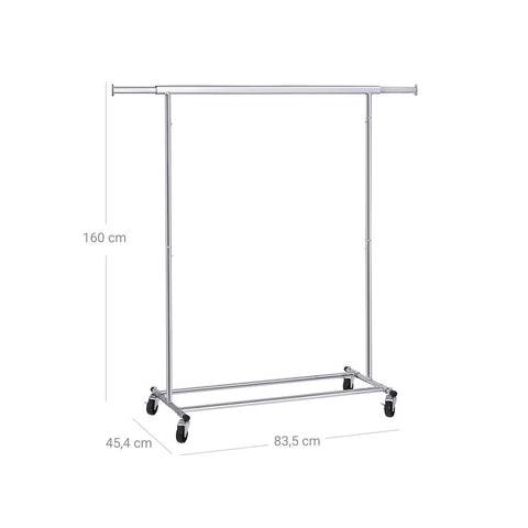 Rootz Clothes Rack - Heavy Duty Metal - Robust - Smooth Gliding - Practical - Space-saving - Storage Space - Chrome-plated Iron Tube - Silver - 92-132 cm x 160 cm x 45.4 cm