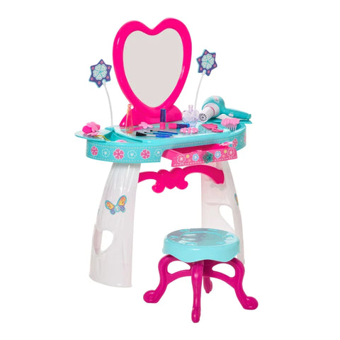Rootz Children's Dressing Table - With Drawers - Wide Range Of Accessories - Dressing Table With Stool - Light For Girls Aged 3 And Over - Cosmetic Mirror - Sea Blue + White - 49.5 x 25 x 69 cm