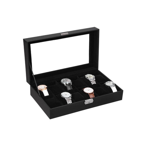 Rootz Watch Box - Elegant Watch Box For 12 Watches - Watch Storage Box - Luxury Watch Organizer - Travel Watch Case - Multi-slot Watch Box - MDF Boards - Black - 30 x 21 x 8.5 cm (L x W x H)