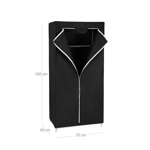 Rootz Fabric Wardrobe - Fabric Cabinet With Clothes Rail - Wardrobe Organizer - Portable Clothes Storage - Fabric Wardrobe Cabinet - Fleece Fabric - Black - 75 x 160 x 45 cm (W x H x D)