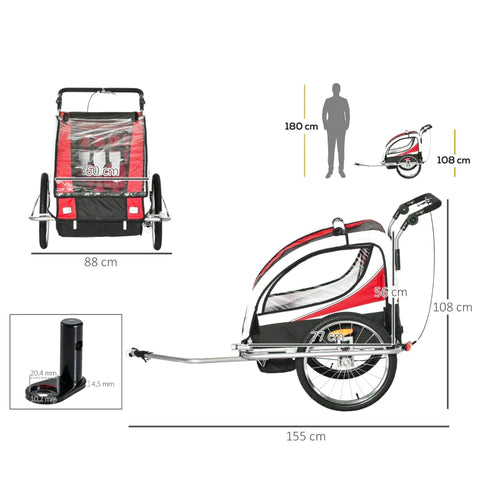 Rootz Child Trailer - Children's Bicycle Trailer - Bicycle Trailer - For 2 Children - Including Reflectors And Flag - Red/White - L155 x W88 x H108 cm