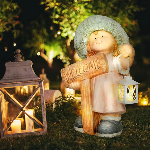 Rootz Girl with Lantern Garden Ornament - Weather Resistant - Garden Decoration - Multicolored - 29cm x 18cm x 43cm