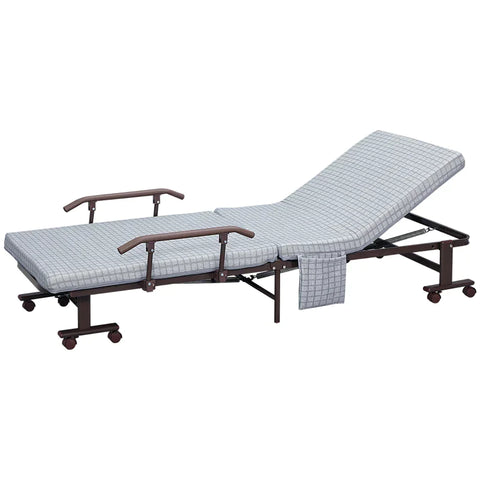 Rootz Folding Bed - Guest Bed - Reclining Backrest - Armrests - 8 Wheels - Steel Frame - Light Grey/Black - 190 x 76 x 33cm