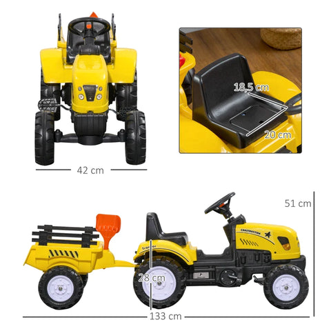 Rootz Pedal Tractor With Trailer - Tools - Horn - For Children Aged 3 And Over - Metal Frame - Black And Yellow - 133 x 42 x 51 cm