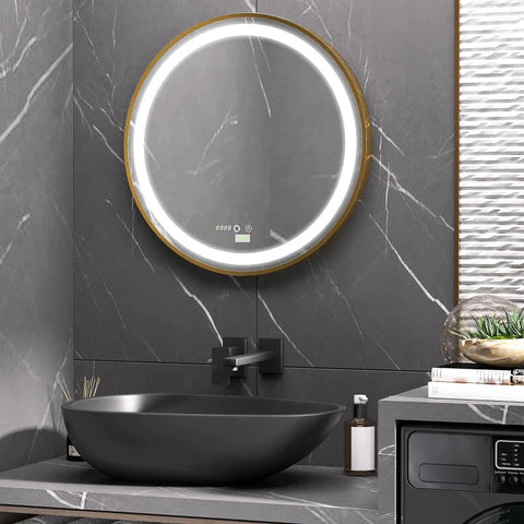 Rootz Bathroom Mirror - Round Mirror With Led Lighting - Time Display - Memory Function - Aluminum Alloy - Gold + Silver - 60L x 4W x 60H cm