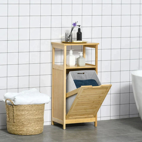 Rootz Bathroom Cabinet - Tall Cabinet - Bathroom Floor Cabinet - 2-in-1 Laundry Basket - 1 Shelf - Non-woven Basket - Natural Bamboo - 40cm x 30cm x 86.5cm