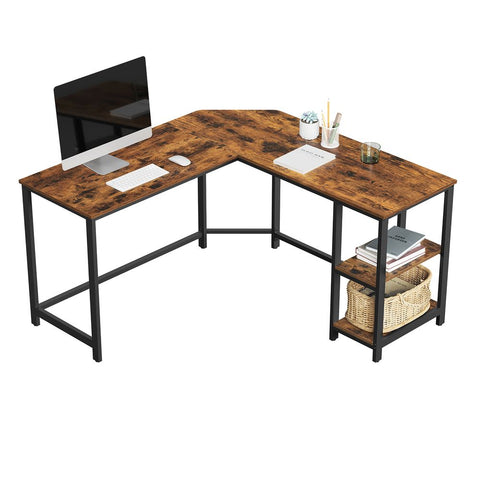Rootz Corner Desk - L-shaped Desk With 2 Shelves - Industrial Look - Computer Desk - Office Desk - Corner Study Desk - Corner Gaming Desk - Chipboard - Steel - Vintage Brown-black - 138 x 138 x 75 cm (D x W x H)