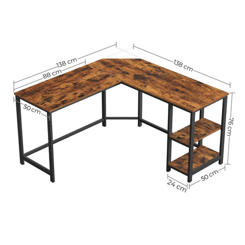 Rootz Corner Desk - L-shaped Desk With 2 Shelves - Industrial Look - Computer Desk - Office Desk - Corner Study Desk - Corner Gaming Desk - Chipboard - Steel - Vintage Brown-black - 138 x 138 x 75 cm (D x W x H)