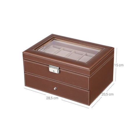 Rootz Watch Box - Watch Box For 10 Watches - With Jewelry Compartment - Watch Storage Box - Travel Watch Case - Multi-slot Watch Box - MDF - Brown