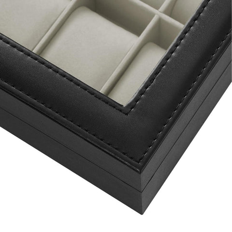 Rootz Watch Box - Watch Box With 12 Compartments - Glass-top Watch Organizer - Display Case For Watches - MDF - Velvet - PU - Glass - Black Cover + Beige Velvet Lining - 30.1 x 20.2 x 7.8 cm (L x W x H)