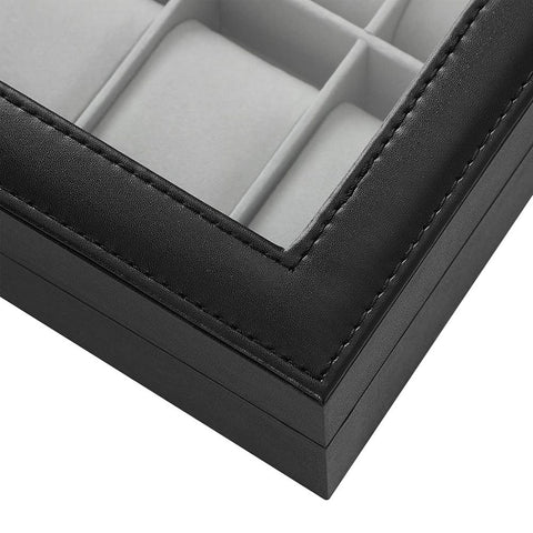Rootz Watch Box - With Glass Lid And Lock - Glass-top Watch Organizer - Display Case For Watches - MDF - Velvet - PU - Glass - Black - 32 x 18.6 x 8.5 cm (L x W x H)
