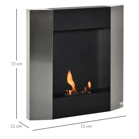Rootz Ethanol Fireplace - Bio-ethanol Burner - Burning Time No Smoke - Wall Mounted - Stainless Steel - Silver/Black - 72 x 11 x 72 cm