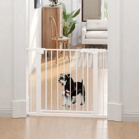 Rootz Dog Gates - Door Gate - No Drilling Required - Steel Frame - Adjustable - One-handed Opening - Metal - Plastic - White - 75-96W x 76H cm