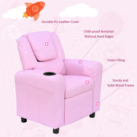 Rootz Children's Armchair - Mini Armchair - Children's Sofa - Recliner Armchair - Reclining Function - Built-in Cup Holder - Pink - 62 x 52 x 69 cm