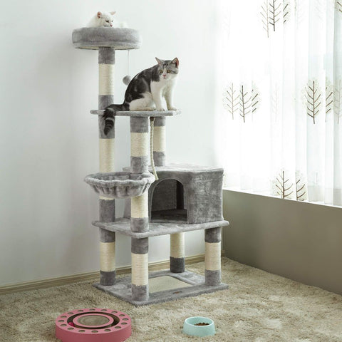 Rootz Scratching Post - High Tower - Cat-friendly Soft - Scratching Board - 2 Caves - Space-saving Cat - Carb Certified Chipboard Plush-sisal - Light Gray - 55 x 40 x 138 cm