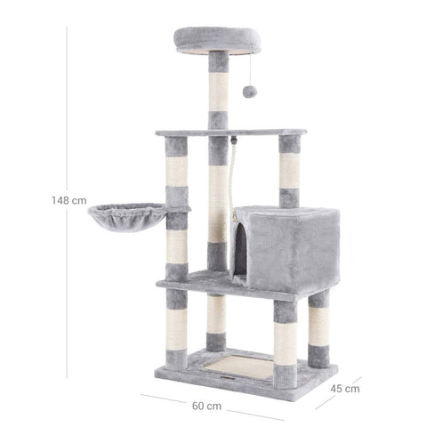 Rootz Scratching Post - High Tower - Cat-friendly Soft - Scratching Board - 2 Caves - Space-saving Cat - Carb Certified Chipboard Plush-sisal - Light Gray - 55 x 40 x 138 cm