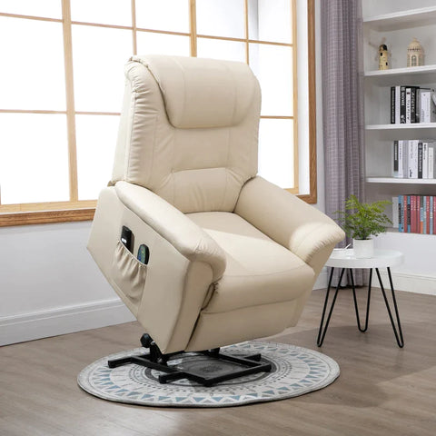Rootz Massage Chair - Stand-up Aid - 8 Vibration Points - Heating Function - Footrest - Faux Leather - Cream White - 93L x 95W x 106H cm