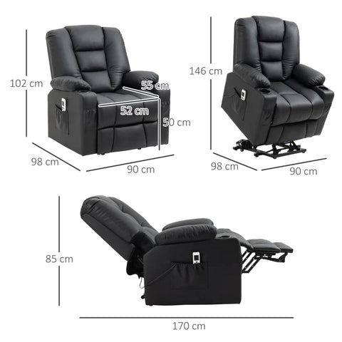 Rootz Massage Chair With Stand-up Aid - Riser Chair - Remote Control - Imitation Leather - Black - 90x98x102 cm