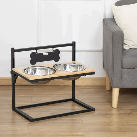 Rootz Raised Dog Bowl - Double Bowl Feeder with Steel Bowls - Pet Bowl - Height Adjustable - Pinewood - Black - 58 x 32 x 50 cm