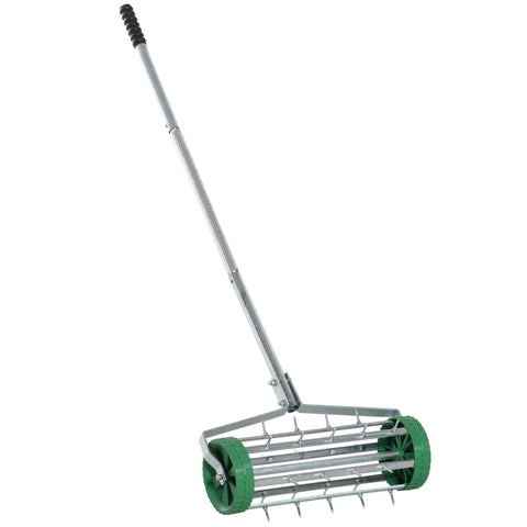 Rootz Lawn Roller - Lawn Aerator - Handle Length Adjustable - Hand Scarifier - Spiked Roller Lawn - Maintain Garden - Green + Silver - 139 x 43.5 x 15 cm