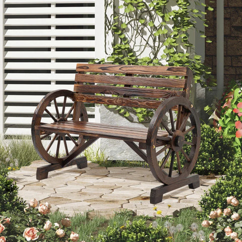 Rootz Garden Bench - Wagon Wheel Design - For 2 People - Natural Wood - Dark Brown - 105.5 x 56 x 79cm